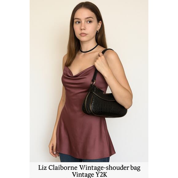 Liz Claiborne Black Croc-Embossed Shoulder Bag – Vintage Y2K - Picture 1 of 6